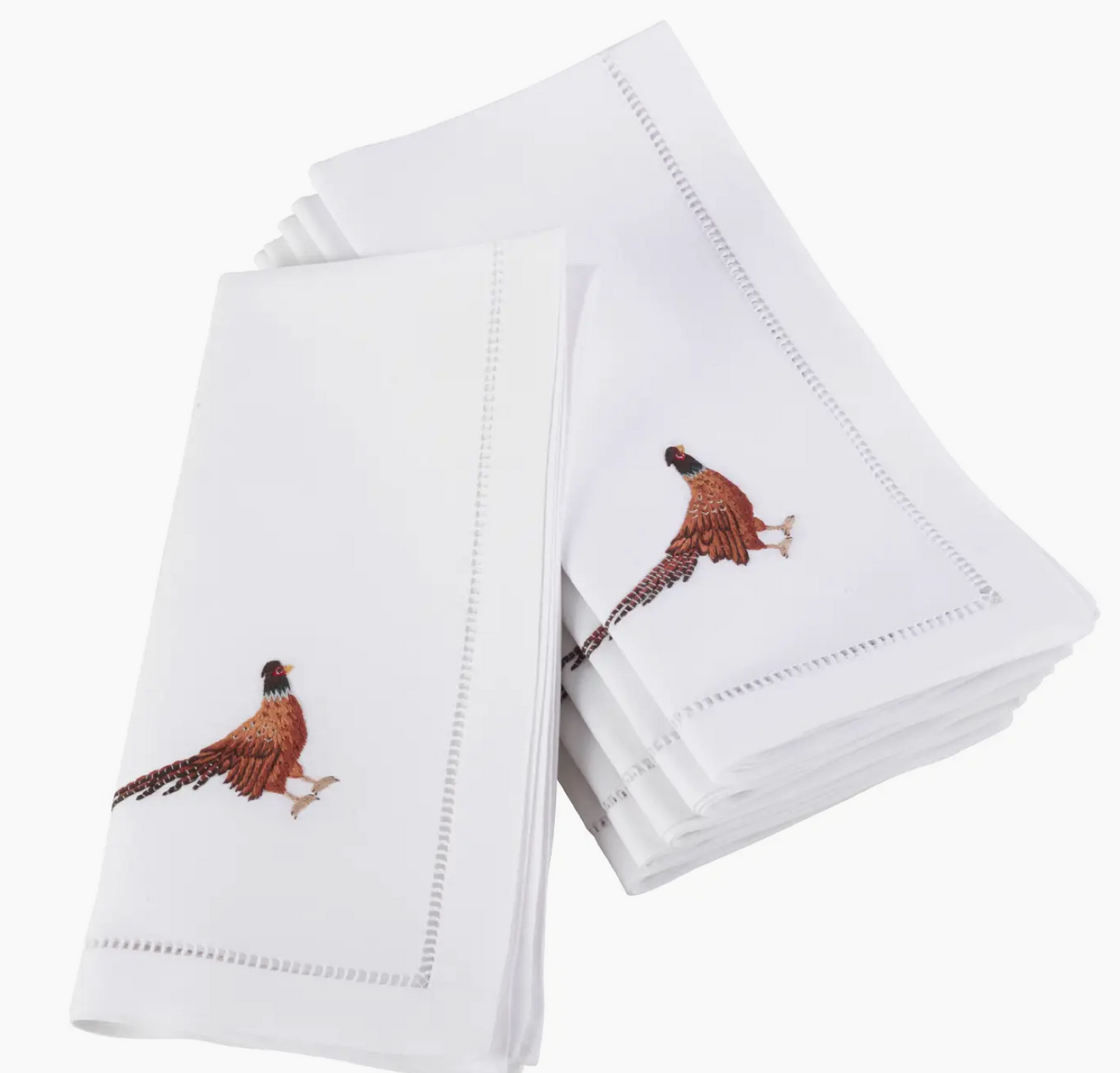 Embroidered Pheasant Hemstitch Napkin