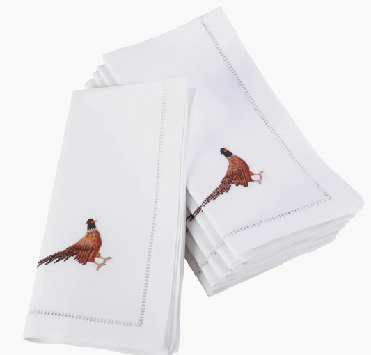 Embroidered Pheasant Hemstitch Napkin